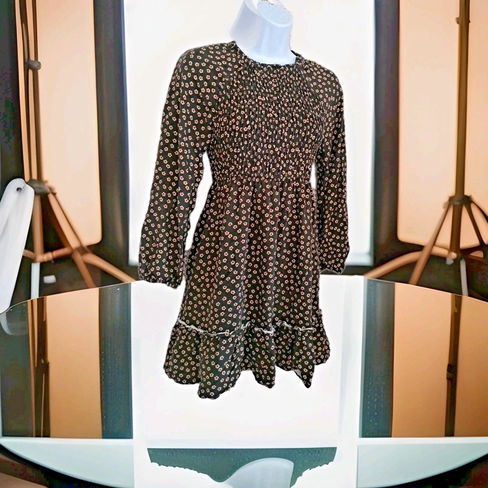 Zara Mini Dress Junior Sz. 13-14 Black Floral Smocked Front Long Sleeve Babydoll